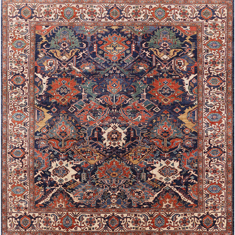 Tapis oriental brun / beige / bleu, Carré 4 pi