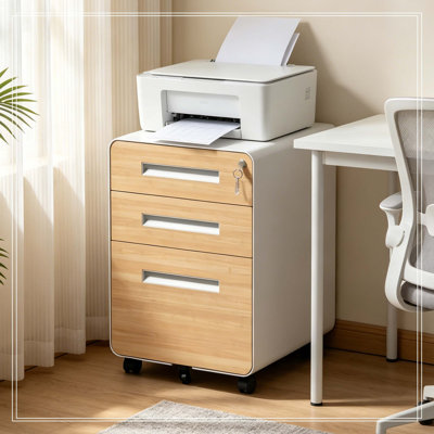 3 Drawer Metal Mobile File Cabinet with Lock, All-Steel Metal Storage Cabinet on 360° Wheels, Fully Assembled, Holds A4/Letter/Legal Files, Wood Grain Colour Steel Office Storage Cabinet for Home Office