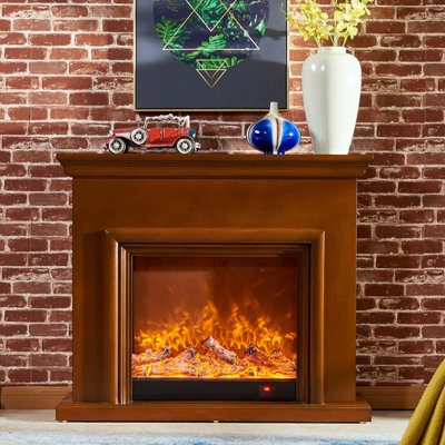 Brown Solid Wood Electric Fireplace
