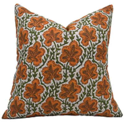 Block Print Pure Linen Throw Pillow Covers, Artisan Handmade Cushion 16X16 Inche Pushap Samita, Orange