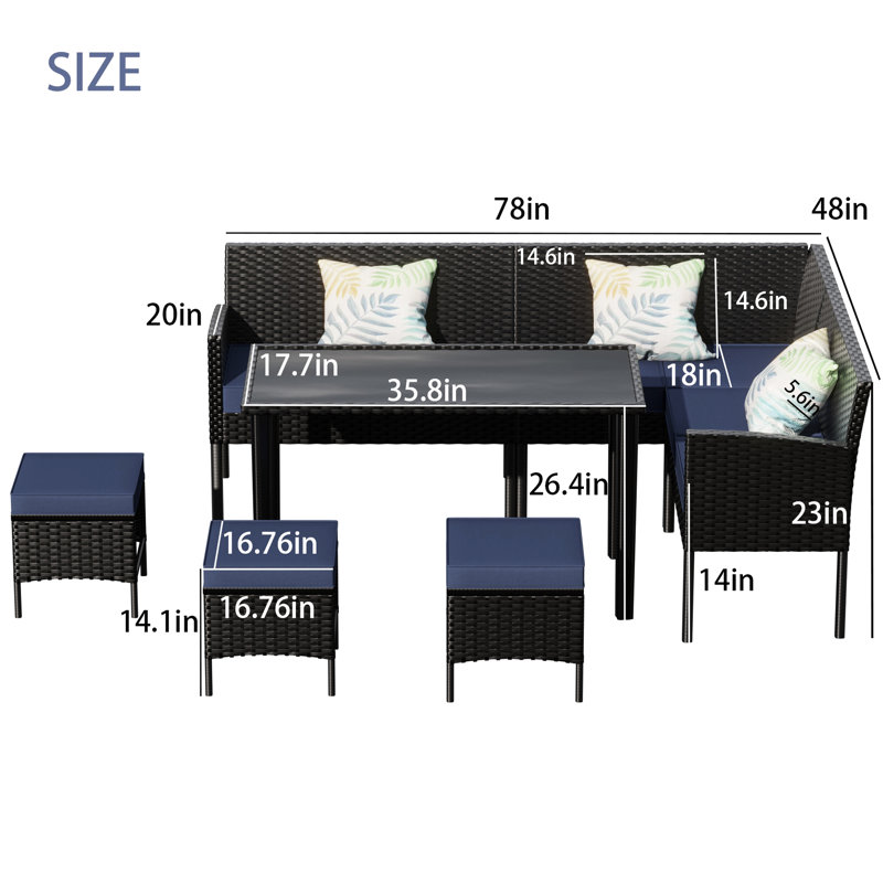 Mobilier de 7 pièces pour terrasse ou jardin, tissu imperméable et peau, chaises à haut dossier, petits espaces de patio, bleu foncé, coussins en filet respirant, acier