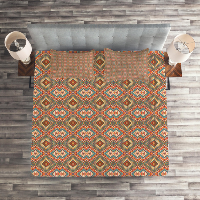 Rustic Polyester Geometric Shapes Coverlet, Queen Bedspread + 2 Shams