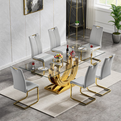70" Glass Dining Table Set, Clear Glass Dining Table with Stainless Steel Pedestal & Leather Dining Chairs, 70" Rectangle Dining Room Table and Chairs Set, Modern Kitchen Table Set