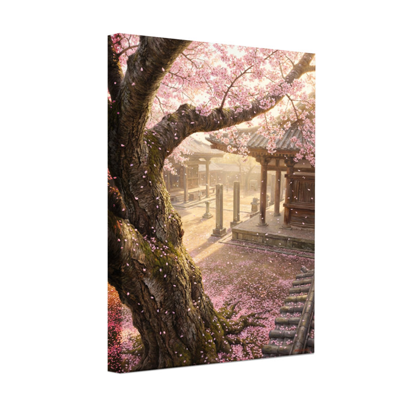Plantes et fleurs, scène de jardin de cerisiers en fleurs, H 18 po x l 12 po