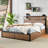 Brown Wooden Platform Bed Frame with Raised Pattern, Multi Storage Drawers and Bedside Socket
