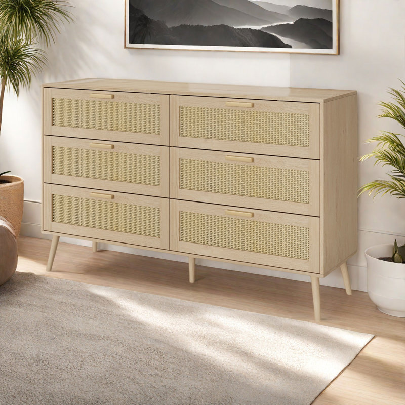 6-Drawer Boho Rattan Dresser with Wooden Top