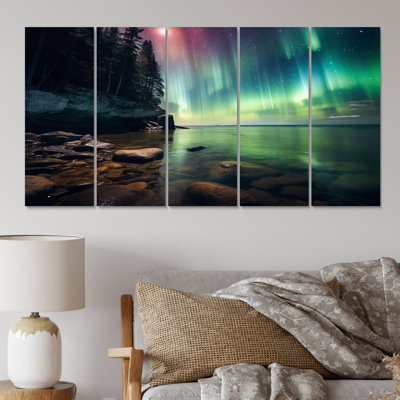 Impression sur toile Magical Aurora Borealis Artic Lake Serenity VII - Northern Lights - 5 panneaux égaux
