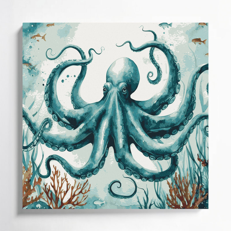 Art mural sur toile vert "Coastal Octopus Garden", H 32 po x l 32 po