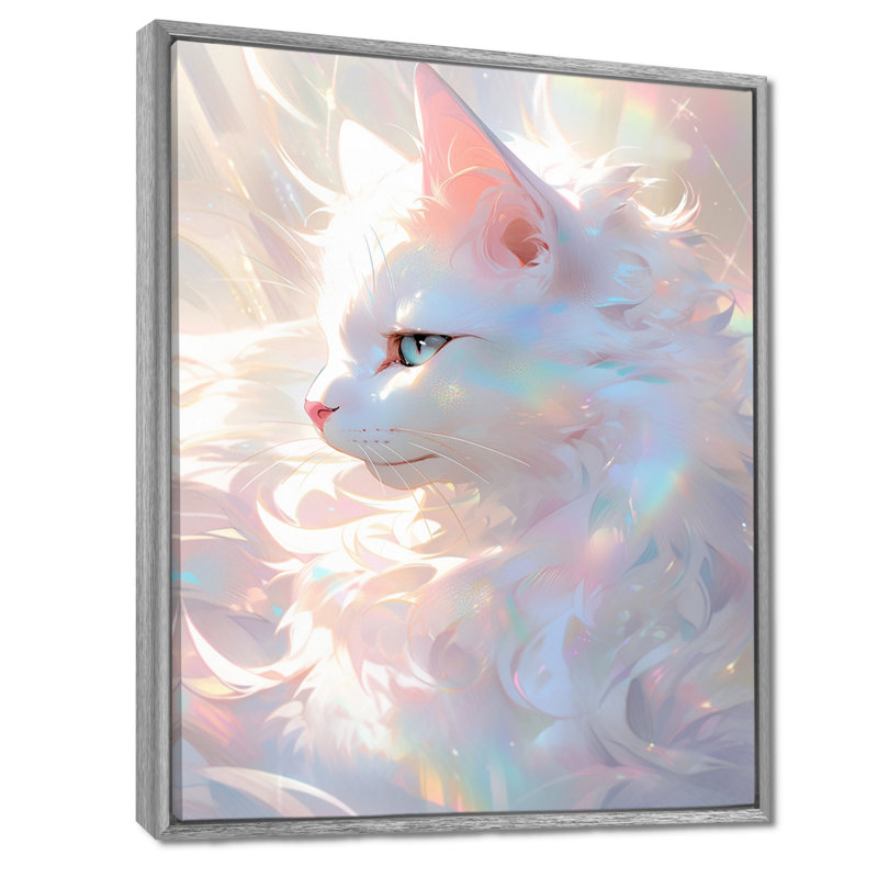 Lumineux chat félin irisé blanc, Toile avec cadre argenté, H 32 po x l 24 po x P 1 po