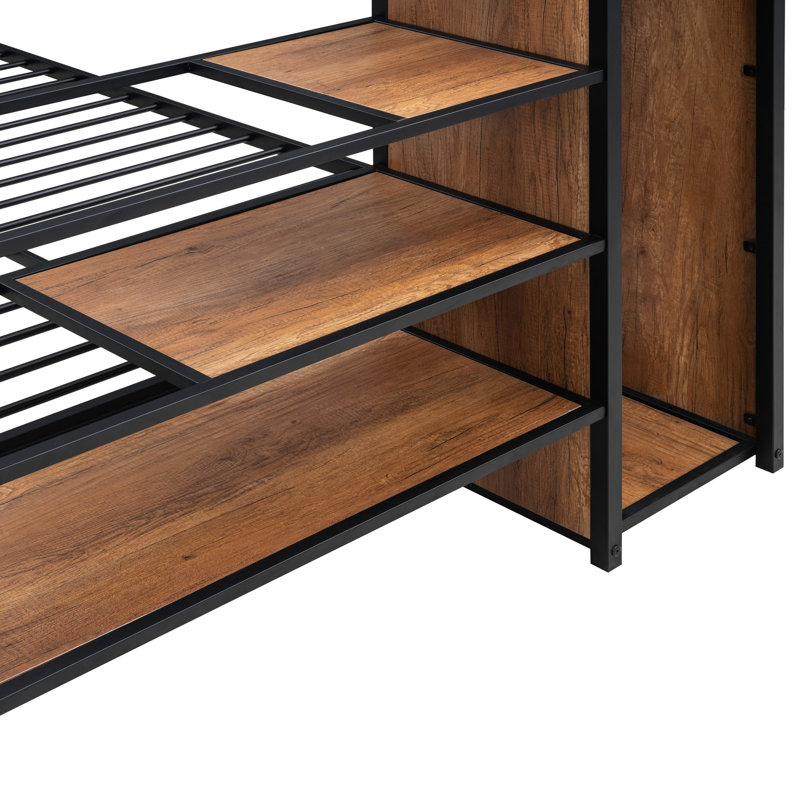 Lit superposé au-dessus noir avec tablette latérale et porte-vêtements - Concept d'économie d'espace, qualité de fabrication solide, installation de repos sécuritaire, garde-robe en métal efficace