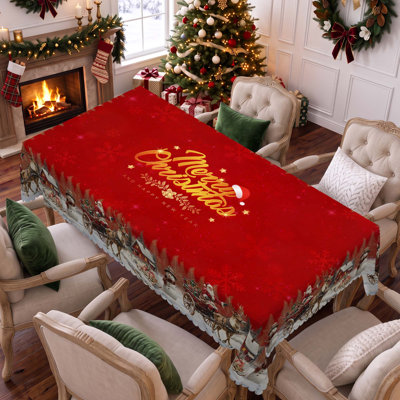 1 nappe ronde / rectangulaire en polyester de 1 pièce, nappe de Noël avec pin, bonhomme de neige, camion, bord embosé, décorations de Noël pour table à manger, décoration de table de fête festive, cadeau de fête parfait