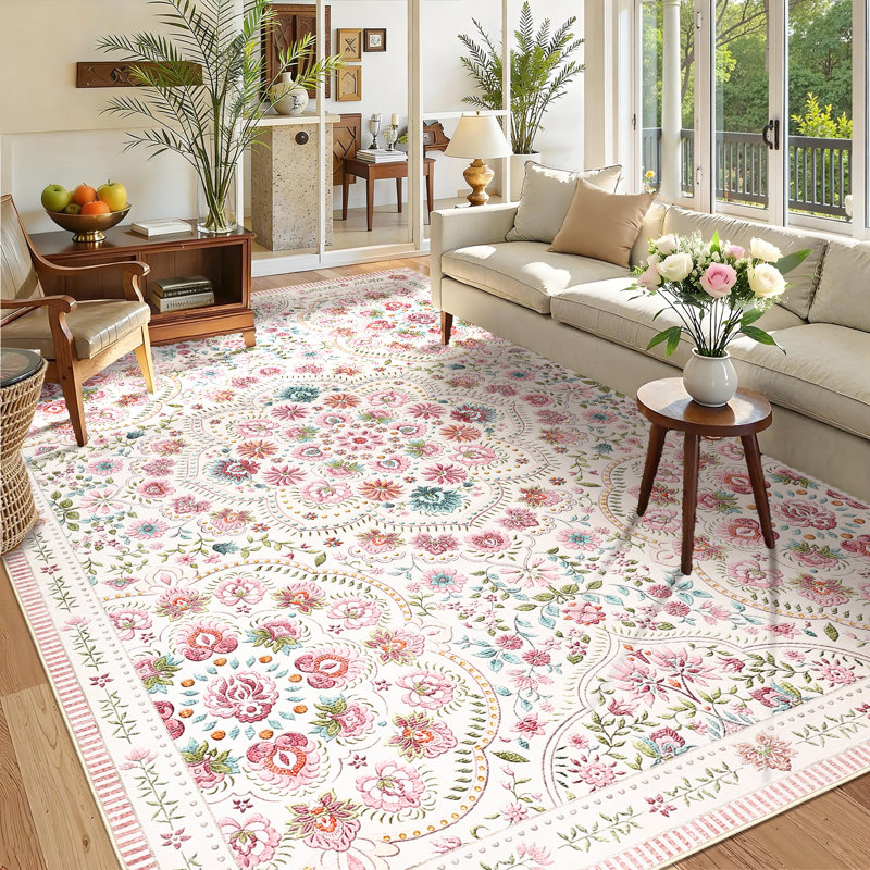 Washable Floral Area Rugs for Living Room Farmhouse Non Slip Soft Thin Large Carpet for Nursery Playroom, Stain Resistant Dining Room Rugs