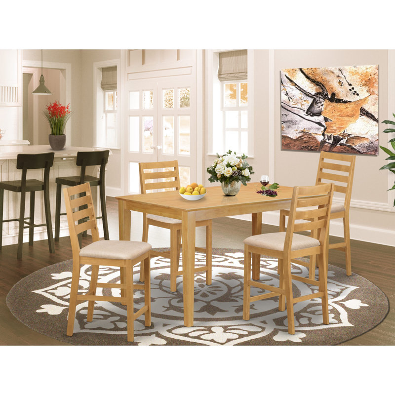 5 Piece Counter Height Dining Set Includes a Rectangle Kitchen Table and 4 Linen Fabric Upholstered Dining Chairs, 36x60 Inch, Oak