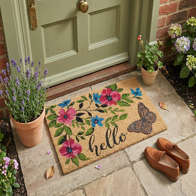 Tapis en fibre de coco avec accents en caoutchouc Hello