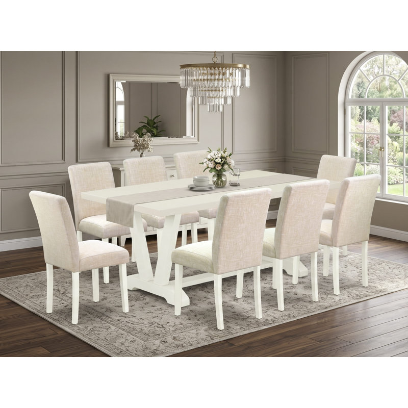 9-Piece Excellent Linen White Dining Table top and 8 Light Beige dining room chairs with High Stylish Chair Back, Wire Brushed linen white.