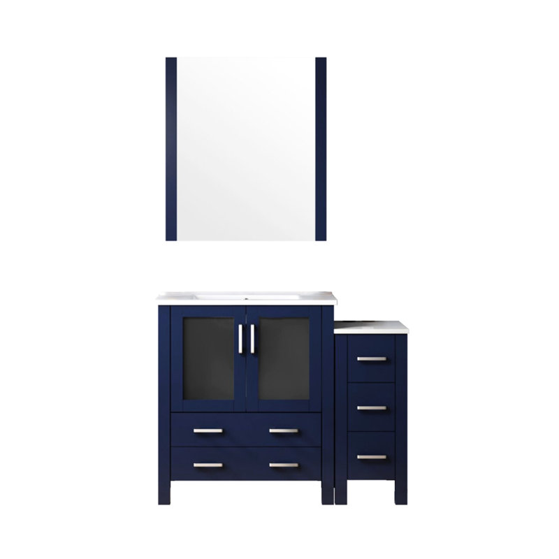 Bleu marine 42 po Meuble-lavabo large avec armoire latérale, comptoir en céramique blanche, miroir 28 commensurable, fermeture en douceur et comptoir à taches avec comptoir, tiroirs à fermeture appropriée, abondant