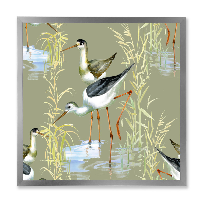 Herons, oiseaux dans l'eau - Peinture sur toile encadrée, H 30 po x l 30 po x P 1 po, Encadrement argenté