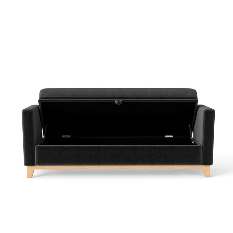 Banc de rangement multifonctionnel noir de 66 pouces avec des pieds en bois massif, 2 coussins décoratifs et un design élégant, pour un couloir exquis