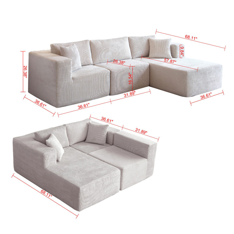 Boneless Modern L-Shaped Sponge Sectional Sofa Suitable For Living Room, Beige Corduroy, Left Hand Facing