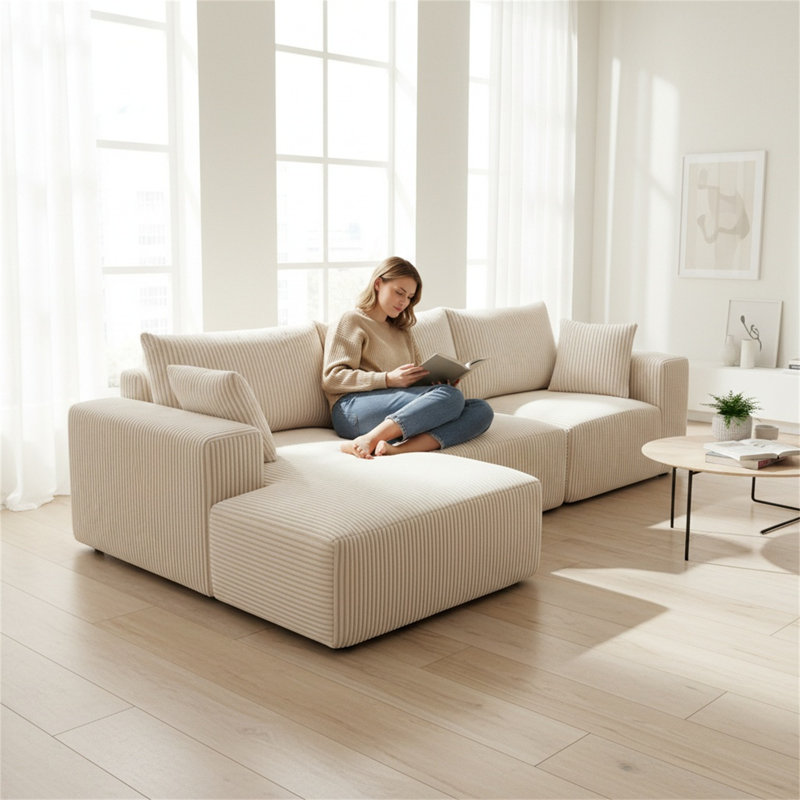 Canapé inclinable L, Velours côtelé beige