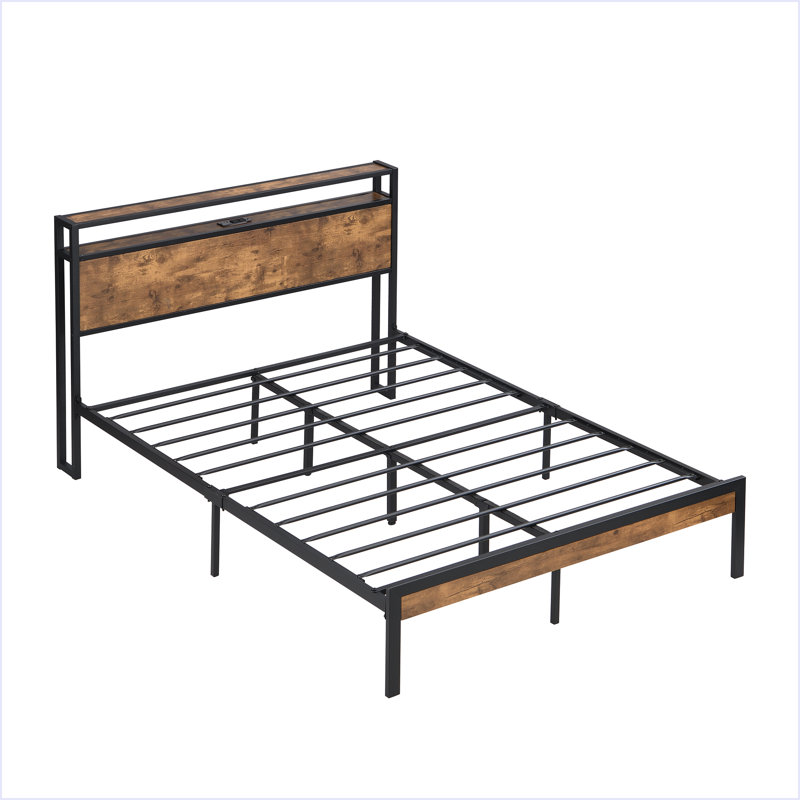 Base de lit plateforme en métal avec tête et pied de lit en bois avec doublure USB, Double