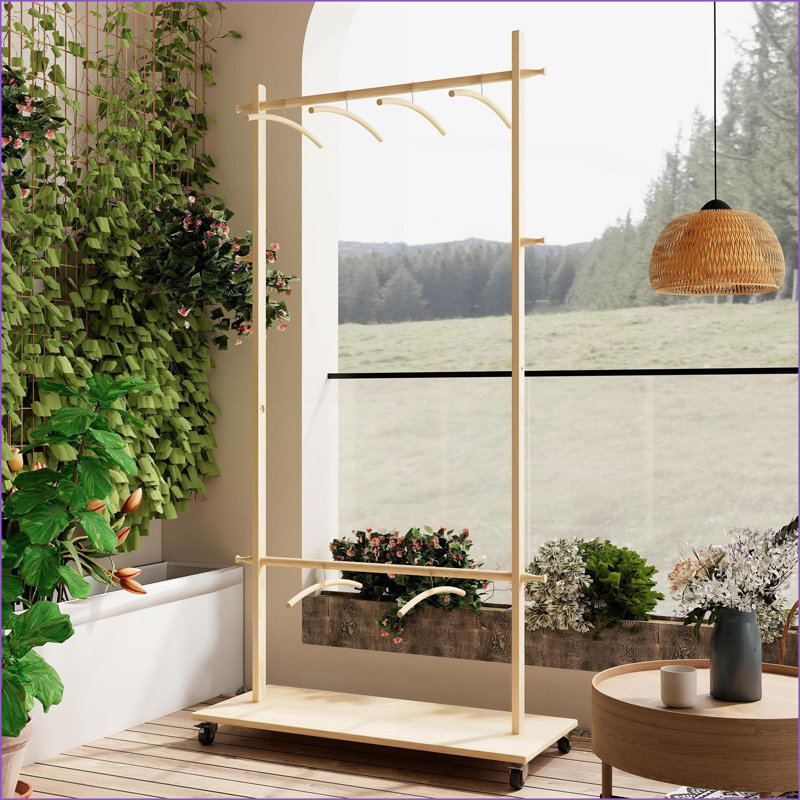 Coat Rack, Solid Wood with 6 Hangers, Space-Saving, Adjustable Shelf &amp; Wheels | Old Pine | Wood