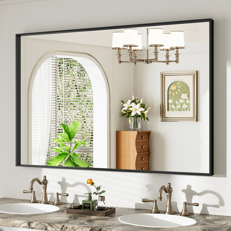 Miroir de meuble-lavabo avec cadre en alliage d'aluminium noir mat et verre trempé HD idéal pour la salle de bain, le vestibule et le salon
