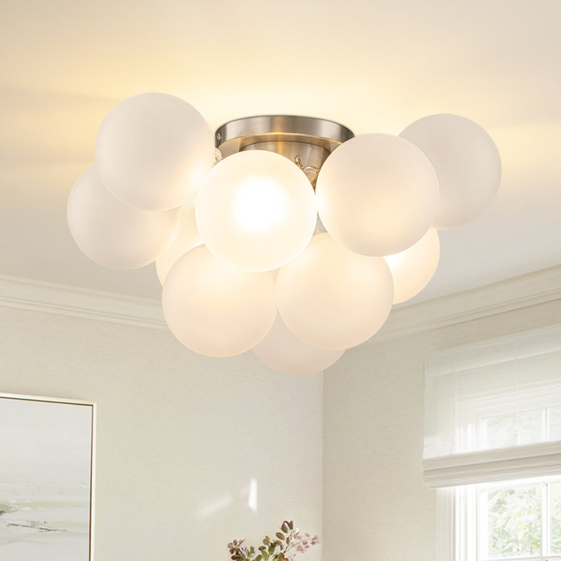 3 - Light Frosted Glass Bubble Sputnik Semi Flush Mount, Brass