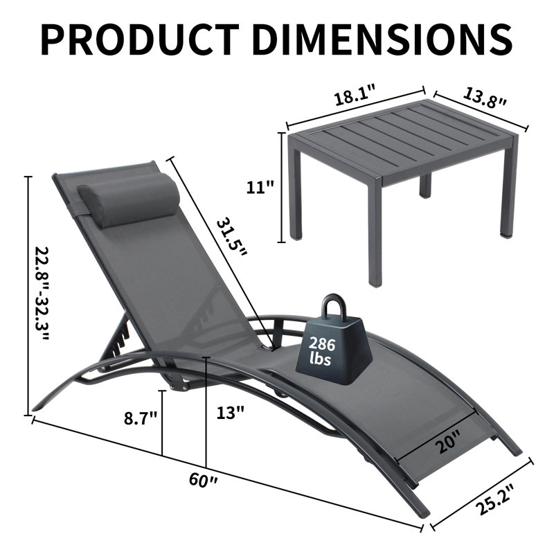 Raisah Outdoor Metal Chaise Lounge Set with Table, Gray