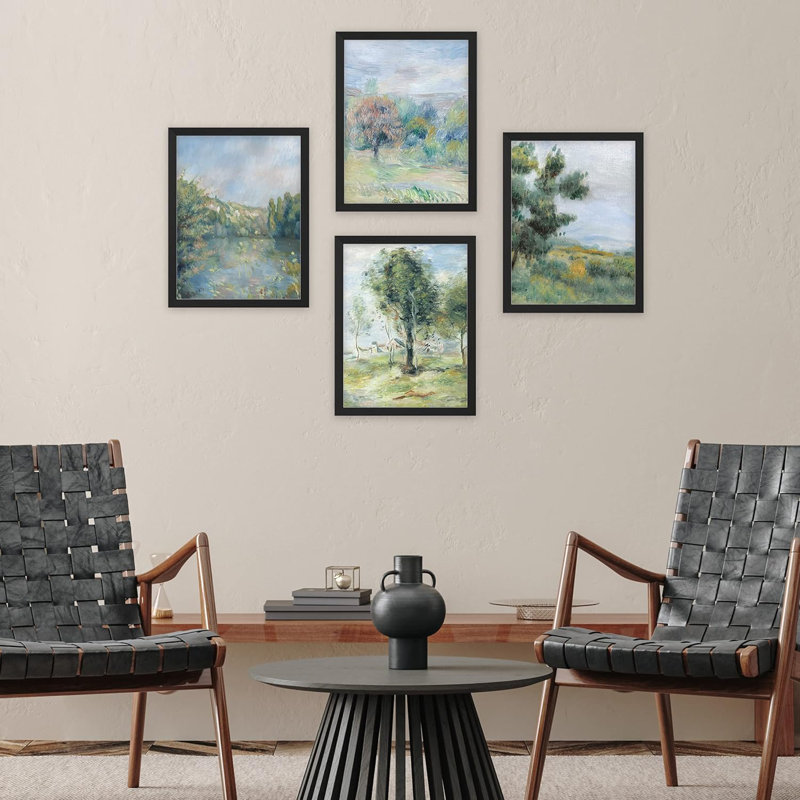 Rustique, pastel, printemps, campagne, campagne, classique, rétro, illustrations, chambre à coucher, décor encadré sur papier, impression de 4 pièces