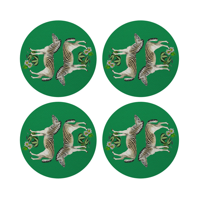Zebra Seeing Double Vegan Leather Round Coasters, Kelly