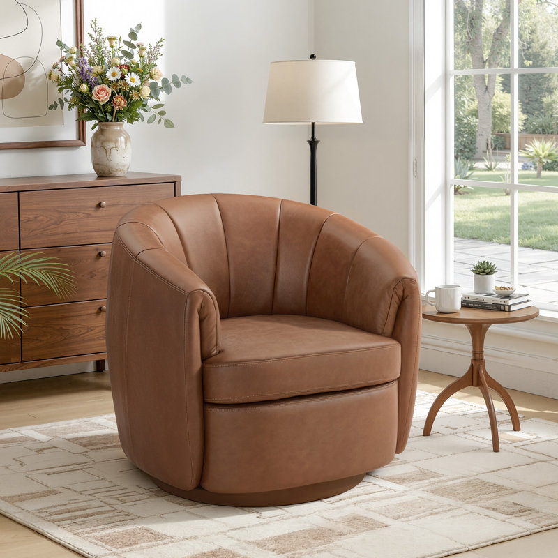 Fauteuil demi-tonneau pivotant en cuir Modern Geniue, Cuir fleur brun