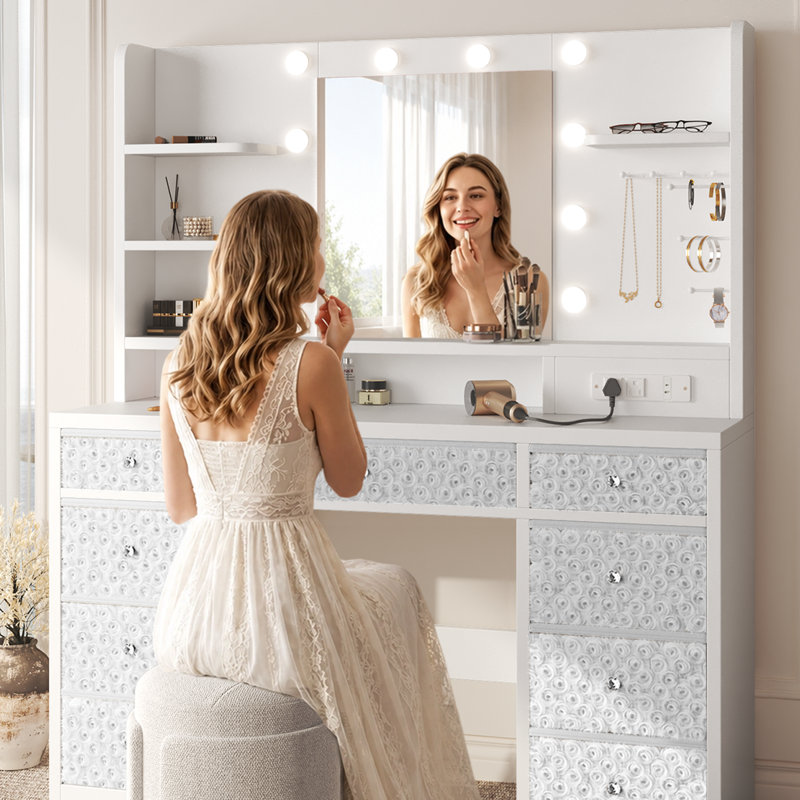 Coiffeuse avec miroir lumineux, 9 tiroirs amovibles en velours rose, multiprise intégrée avec ports USB-C et USB-A à charge rapide de 20 W, éclairage à intensité variable 3 couleurs, grande coiffeuse de rangement pour chambre à coucher