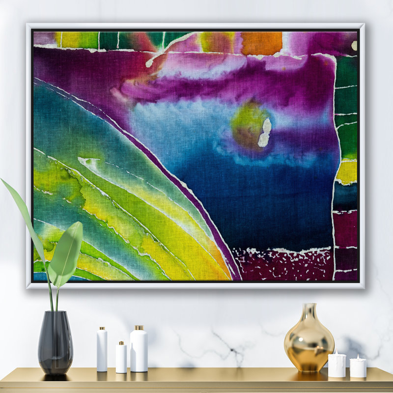 Impression de batik bleu, mauve et vert - reproduction d'art sur toile, H 30 po x l 40 po x P 1,5 po, Toile avec cadre blanc