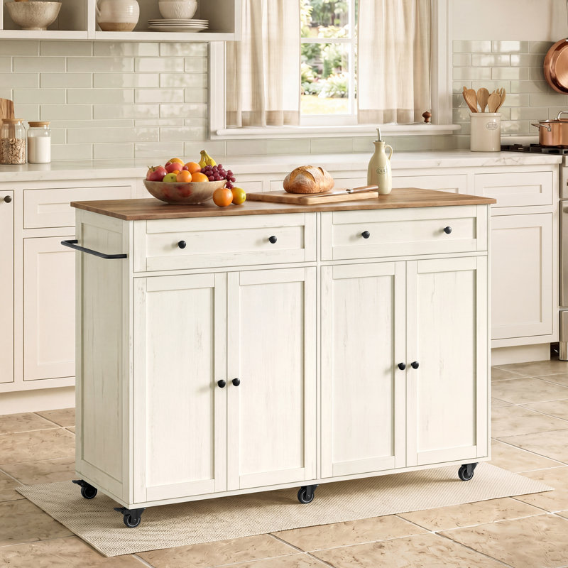 Îlot de cuisine l 53,7 po avec armoire de rangement, tiroir, tablette réglable et barre à serviettes, White, 53.7x15.8x35.1in