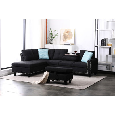 Rivet - Canapé modulaire 3 pièces en forme de L avec quatre sièges idéaux pour les soirées de jeux / films avec siège central rétractable et deux porte-gobelets, coussins assortis avec rangement intérieur assorti, bois massif et bois d'ingénierie