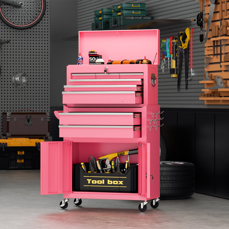 8 Drawers Rolling Tool Chest, 2-in-1 Detachable Metal Tool Cabinet with Lockable Wheels, Pink