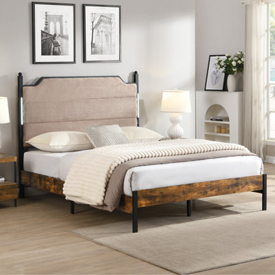 Structure de très grand lit, tête de lit tapissier avec lumières à DEL rechargeables et tactiles, compartiment de rangement sous le sommier, nécessaire de sommier à ressorts, chambre à coucher moderne orientée confort, tête de lit en molleton d'agneau, silencieux