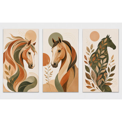 Très grand ensemble de 3 reproductions d'art sur toile cheval bohème
