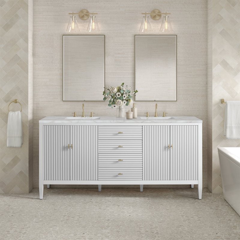 Myrrin 72'' W Double Vanity, Victorian Silver Silestone, Bright White, 8" Widespread