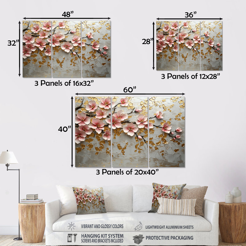 «White Gold Cherry Blossom Blooms II», ensemble de reproductions d'art mural cerisier en fleurs, Métal métal