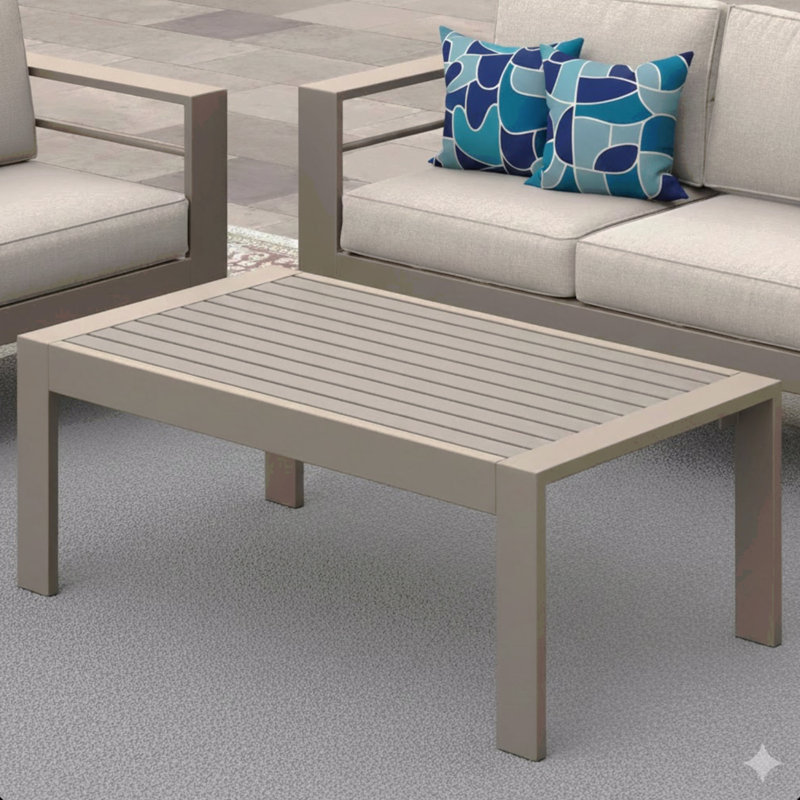 Table basse d'extérieur en métal toutes saisons 43 po x 24 po avec plateau d'aspect bois et structure kaki, Kaki
