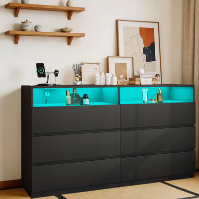Commode 6 tiroirs avec éclairage à DEL, commode moderne pour la chambre à coucher, commode longue avec tiroirs pour le salon, l'entrée, le couloir