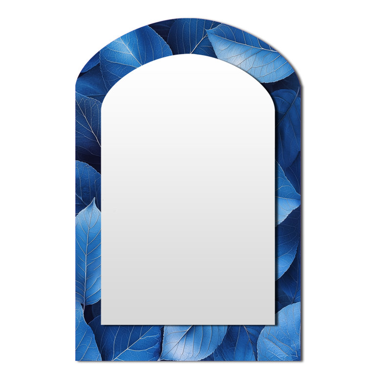 Periwinkle Leaves Of Blue Simplicity I - Leaves Asymmetrical Decorative Mirror, Blue Arch Wall Mirror, Printed Metal Art