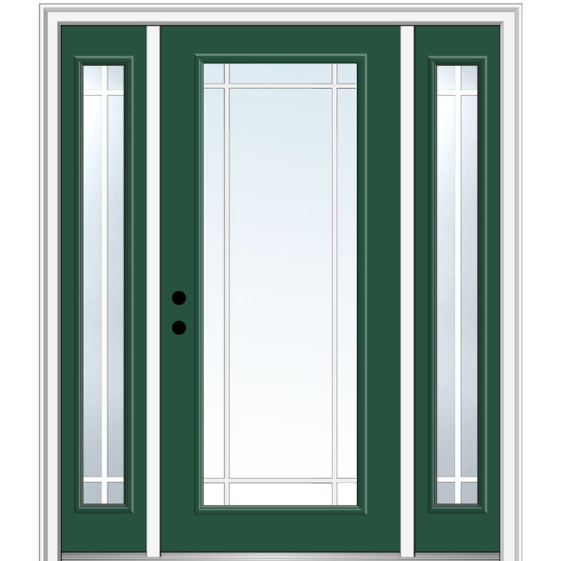 Porte d'entrée pré-suspendue en fibre de verre préfinie lisse, H 80 po x l 64 po x P 1,75 po, Vert forêt, Ouverture à droite