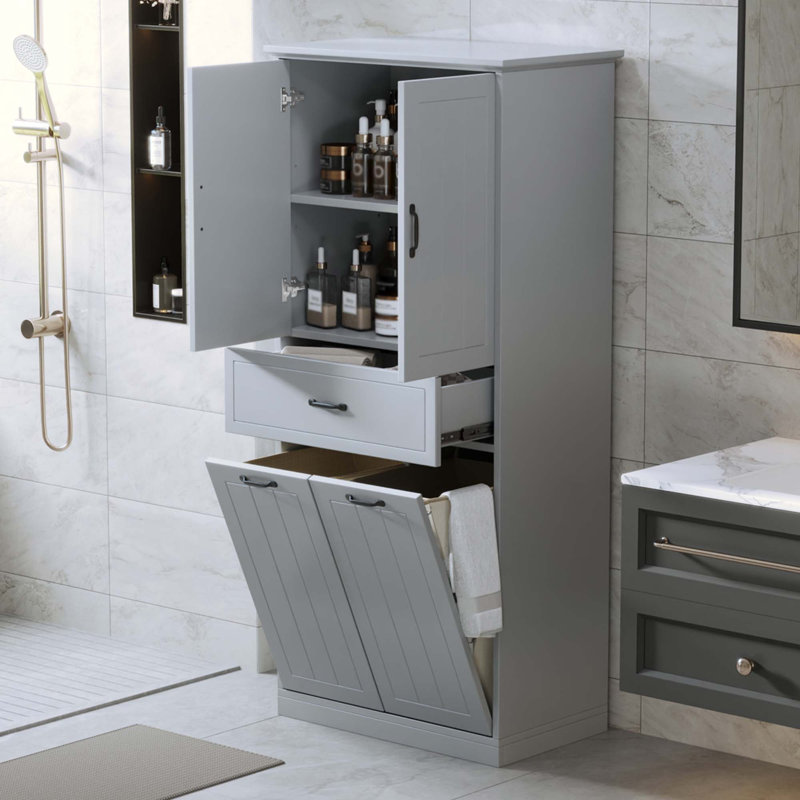 Armoire de rangement pour salle de bain avec deux paniers à linge, armoire de rangement avec portes et tiroir pour la maison