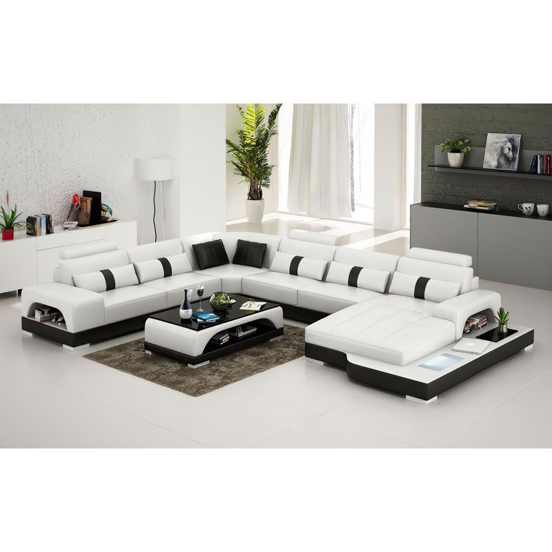Arieta Upholstered U-Shaped Sectional, White Genuine Leather, Right Hand Facing