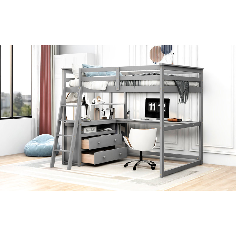Lit mezzanine double gris avec rangement intégré pour bureau et tablette - Bois de pin robuste pour une disposition pratique de la chambre à coucher