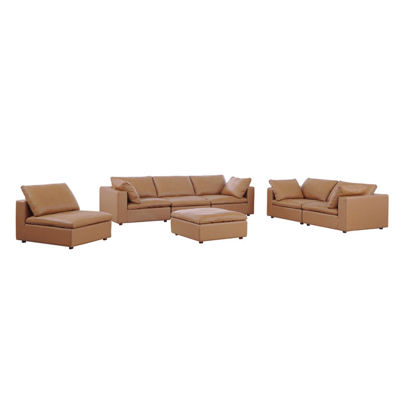 Ensemble de canapé avec repose-pieds 3 pièces Bendigo - Revêtement en cuir italien fleur, Cognac