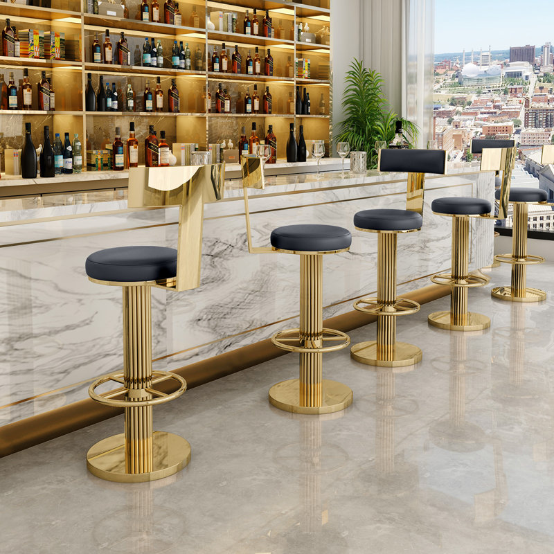 Cravets Stainless Steel Bar Stools with Back Modern Adjustable Barstools Swivel Bar Chairs（1PCS）, Black Leather / Gold Base